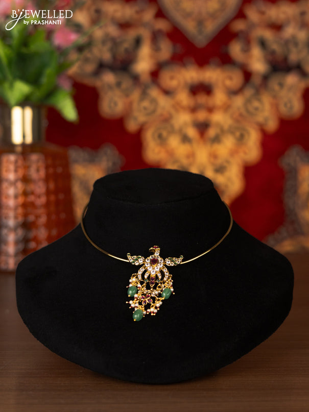 Antique ring type choker peacock pendant with kemp & cz stones and mint green beads hangings