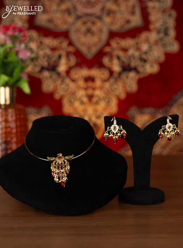 Antique ring type choker peacock pendant with kemp & cz stones and pink beads hangings