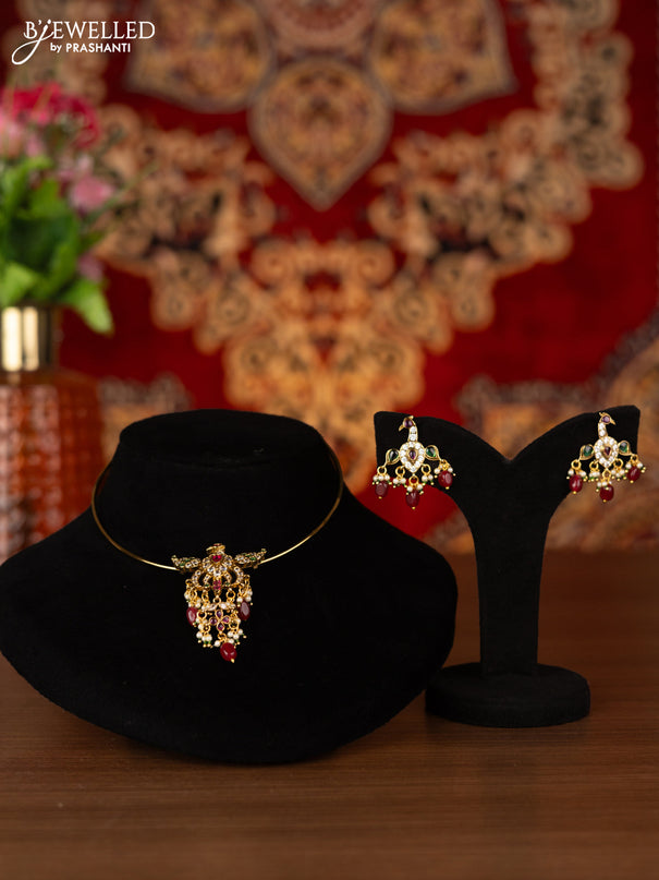 Antique ring type choker peacock pendant with kemp & cz stones and pink beads hangings