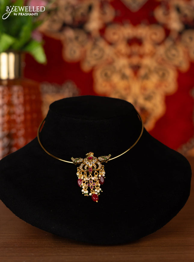 Antique ring type choker peacock pendant with kemp & cz stones and pink beads hangings