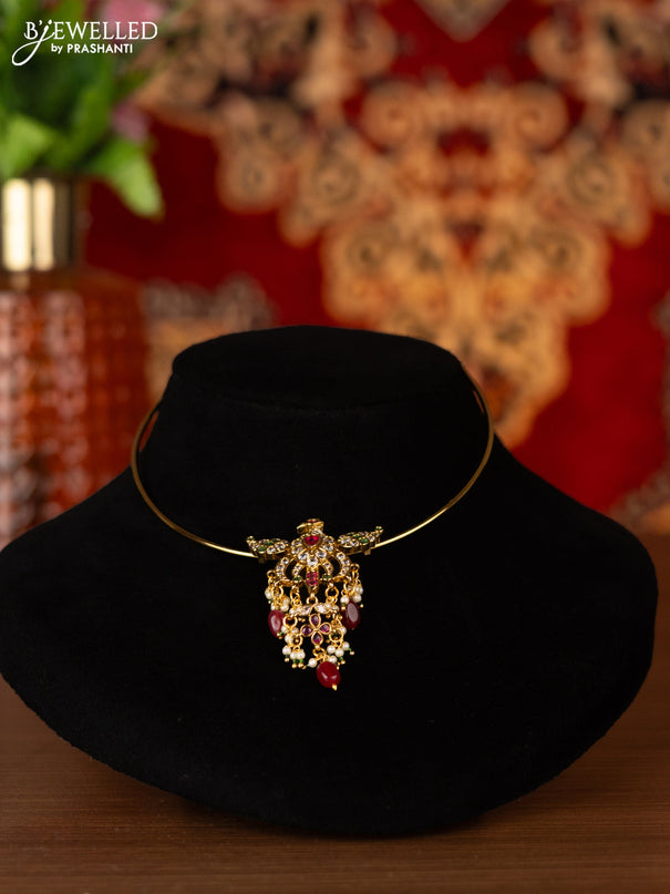 Antique ring type choker peacock pendant with kemp & cz stones and pink beads hangings