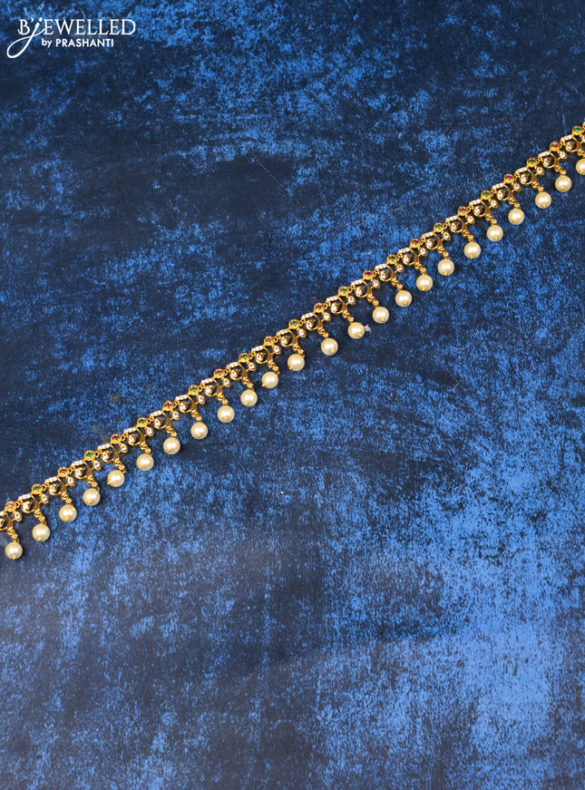 Antique hip chain with kemp & cz stones and pearl hangings