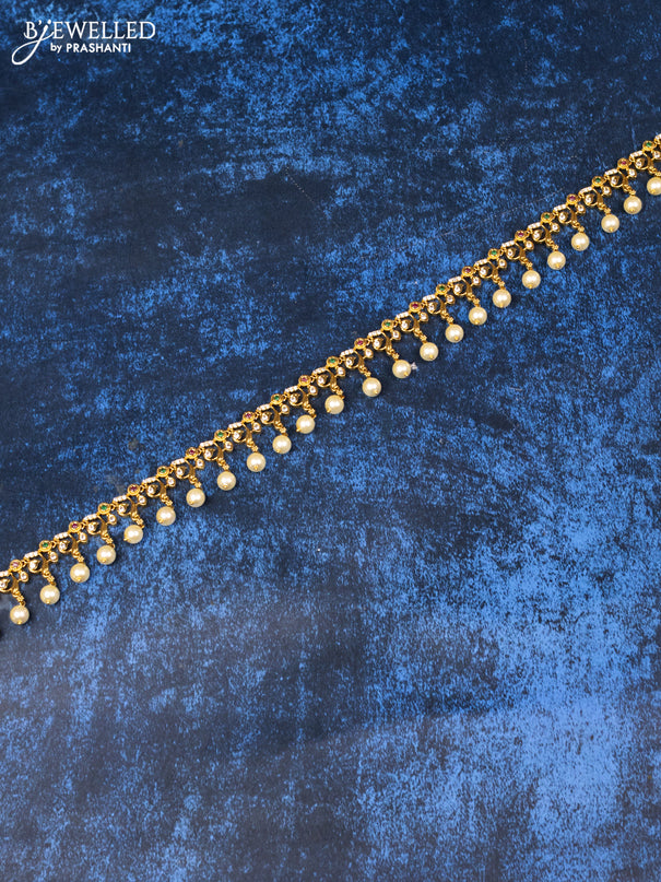 Antique hip chain with kemp & cz stones and pearl hangings