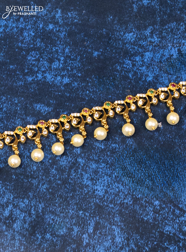 Antique hip chain with kemp & cz stones and pearl hangings