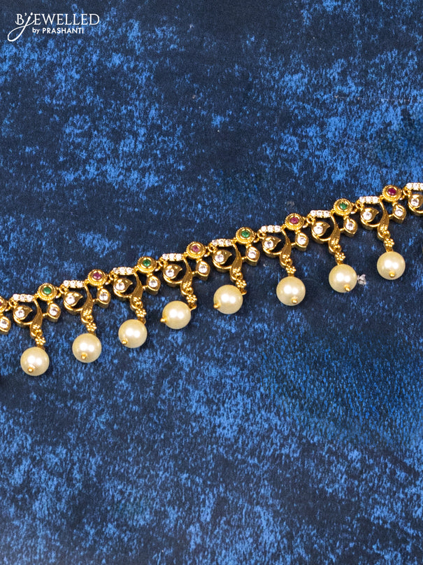Antique hip chain with kemp & cz stones and pearl hangings