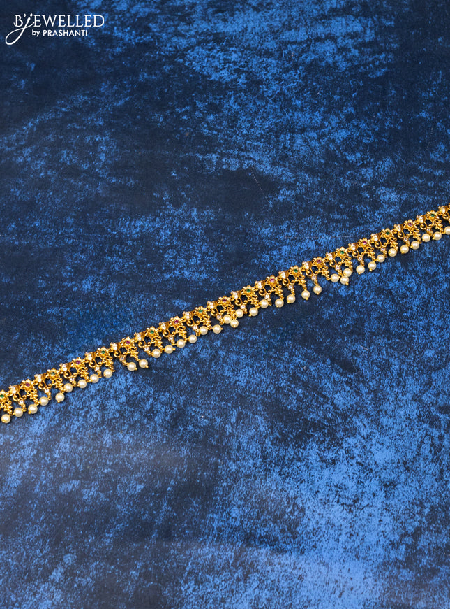 Antique hip chain floral design with kemp & cz stones and pearl hangings