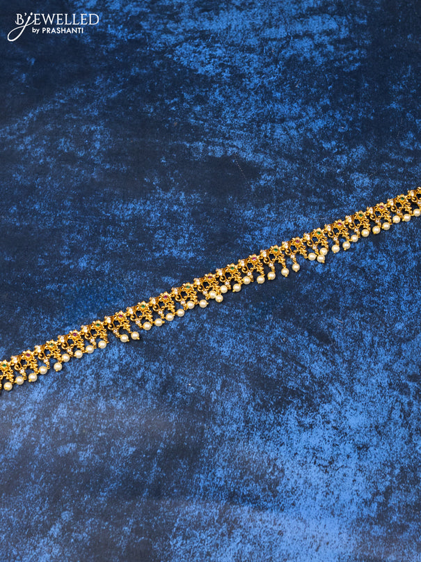 Antique hip chain floral design with kemp & cz stones and pearl hangings