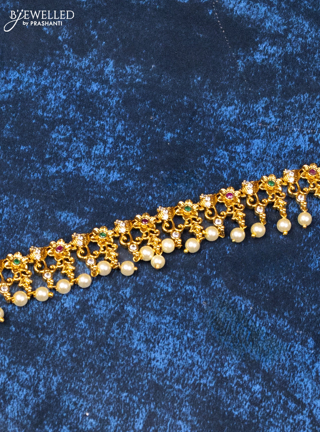 Antique hip chain floral design with kemp & cz stones and pearl hangings