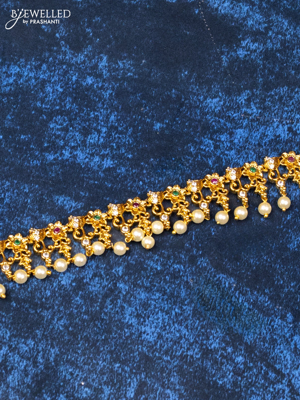 Antique hip chain floral design with kemp & cz stones and pearl hangings