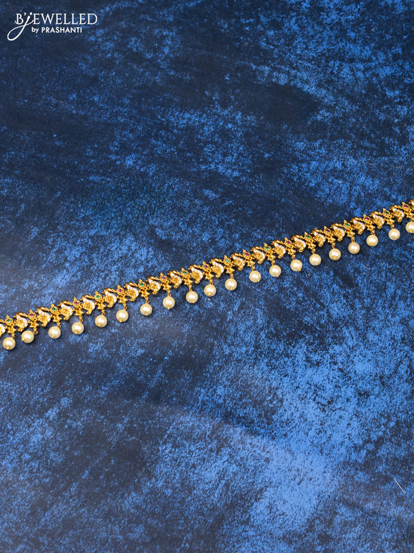 Antique hip chain with kemp & cz stones and pearl hangings