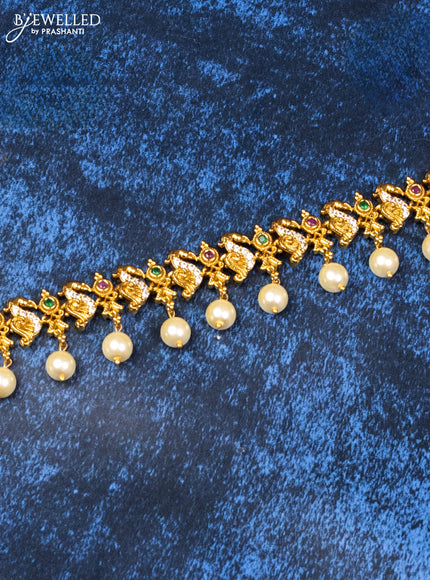 Antique hip chain with kemp & cz stones and pearl hangings