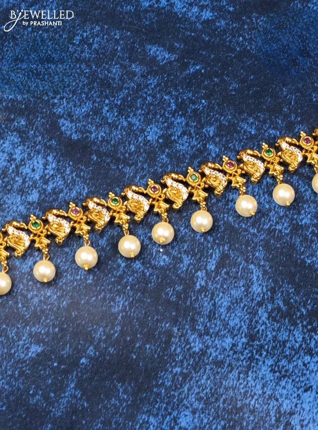 Antique hip chain with kemp & cz stones and pearl hangings