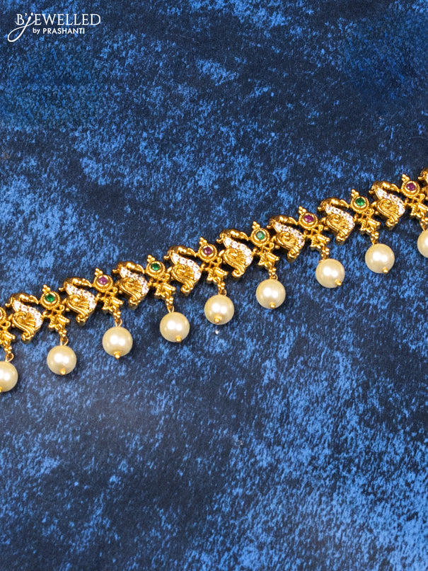 Antique hip chain with kemp & cz stones and pearl hangings