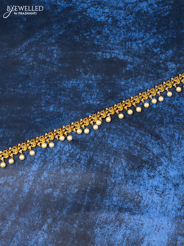 Antique hip chain peacock design with kemp & cz stones and pearl hangings