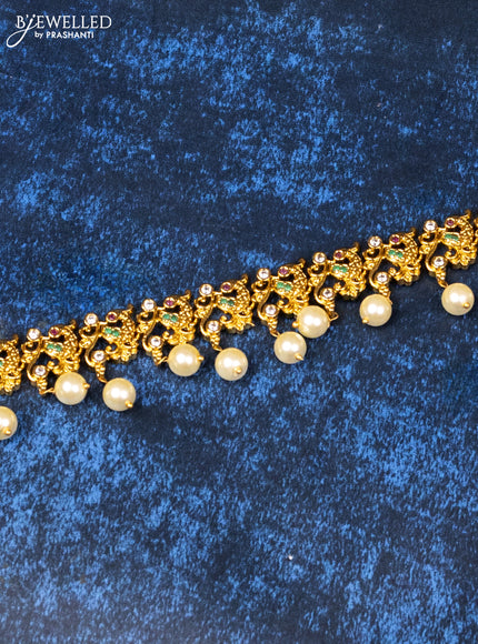 Antique hip chain peacock design with kemp & cz stones and pearl hangings