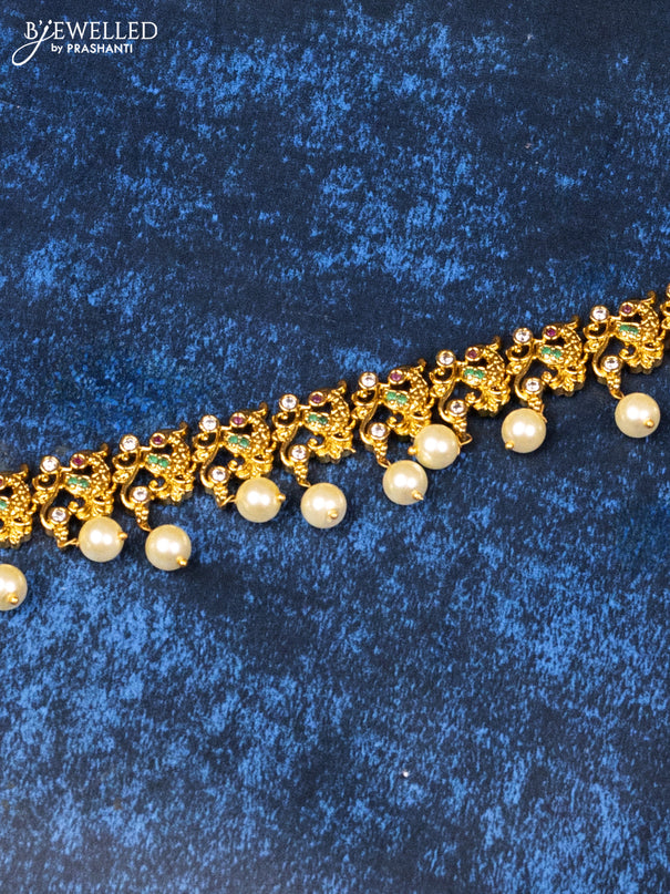 Antique hip chain peacock design with kemp & cz stones and pearl hangings