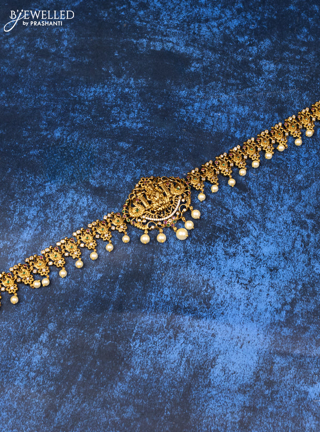 Antique hip chain lakshmi & peacock design with kemp & cz stones and pearl hangings