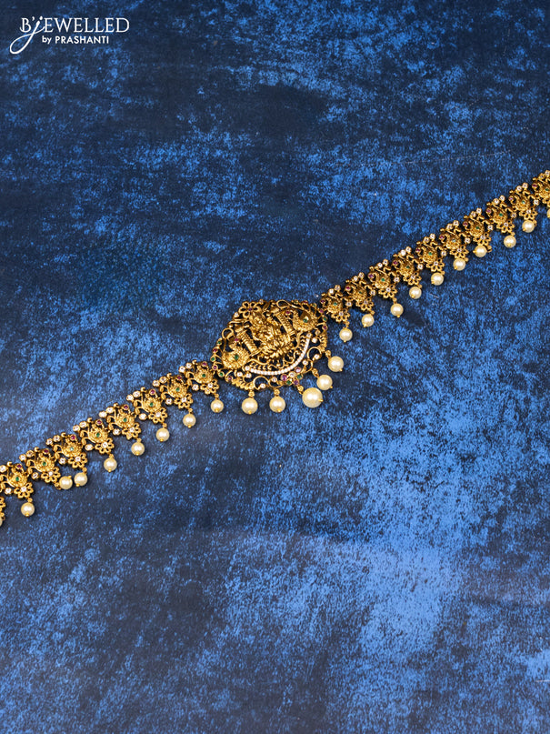 Antique hip chain lakshmi & peacock design with kemp & cz stones and pearl hangings