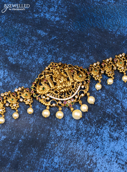 Antique hip chain lakshmi & peacock design with kemp & cz stones and pearl hangings