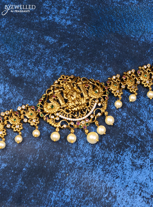 Antique hip chain lakshmi & peacock design with kemp & cz stones and pearl hangings