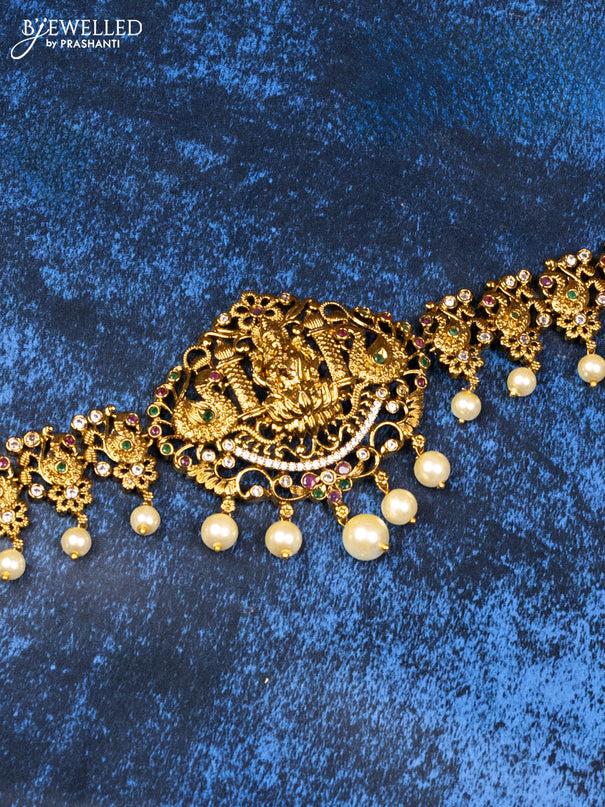 Antique hip chain lakshmi & peacock design with kemp & cz stones and pearl hangings