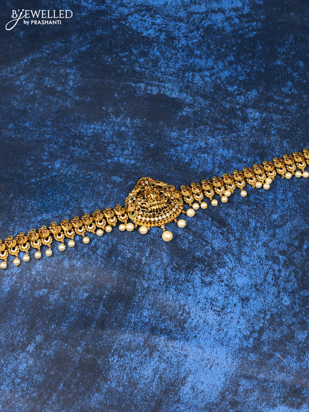 Antique hip chain lakshmi & peacock design with kemp & cz stones and pearl hangings