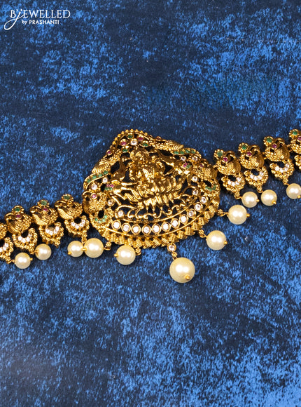 Antique hip chain lakshmi & peacock design with kemp & cz stones and pearl hangings