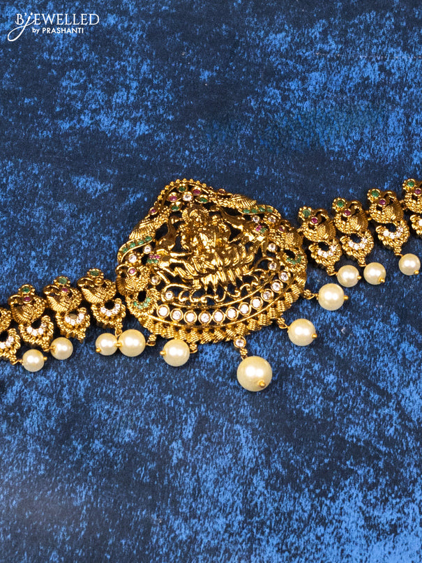Antique hip chain lakshmi & peacock design with kemp & cz stones and pearl hangings
