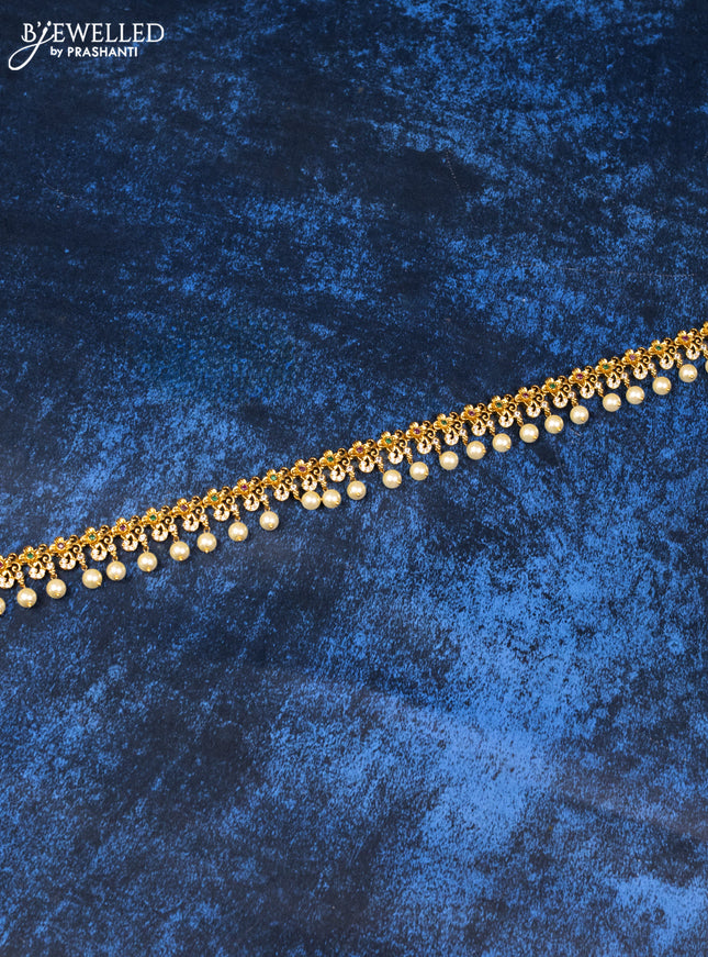 Antique hip chain floral design with kemp & cz stones and pearl hangings