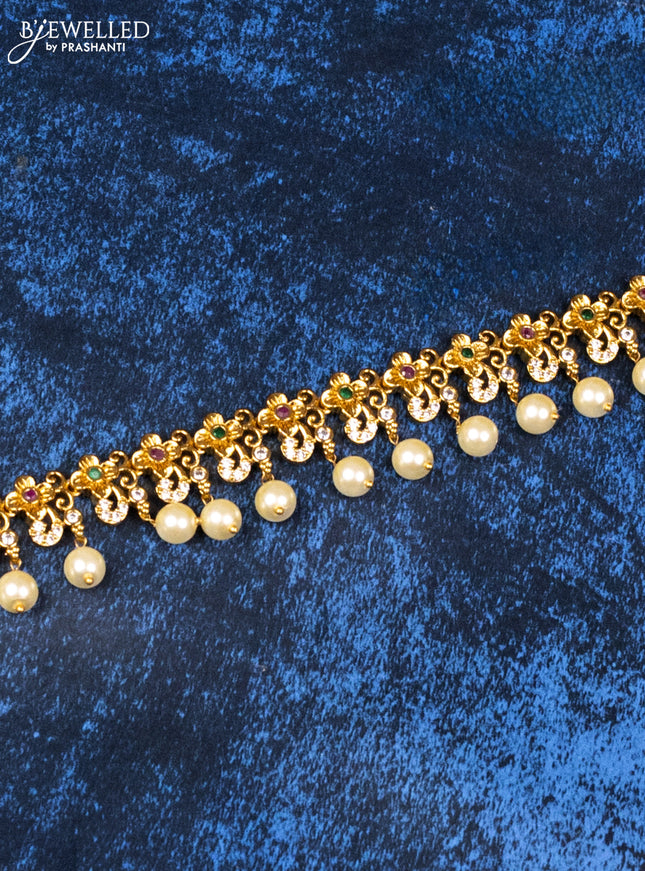 Antique hip chain floral design with kemp & cz stones and pearl hangings