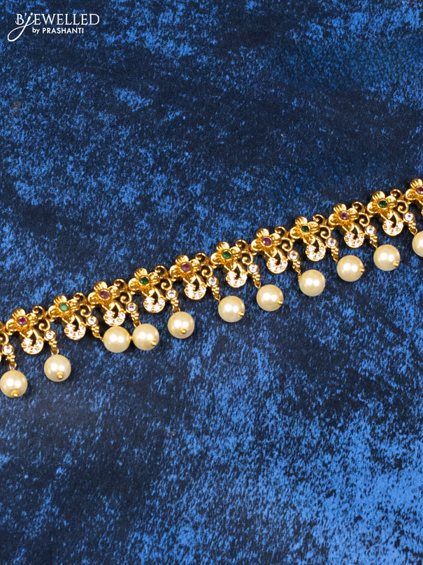 Antique hip chain floral design with kemp & cz stones and pearl hangings