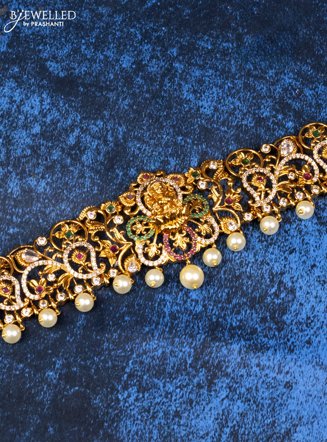 Antique hip belt lakshmi design with kemp & cz stones and pearl hangings