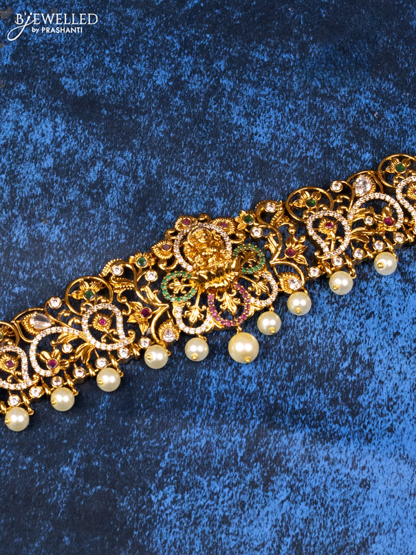 Antique hip belt lakshmi design with kemp & cz stones and pearl hangings