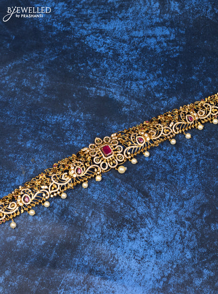 Antique hip belt floral design with kemp & cz stones and pearl hangings