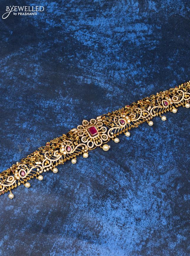 Antique hip belt floral design with kemp & cz stones and pearl hangings