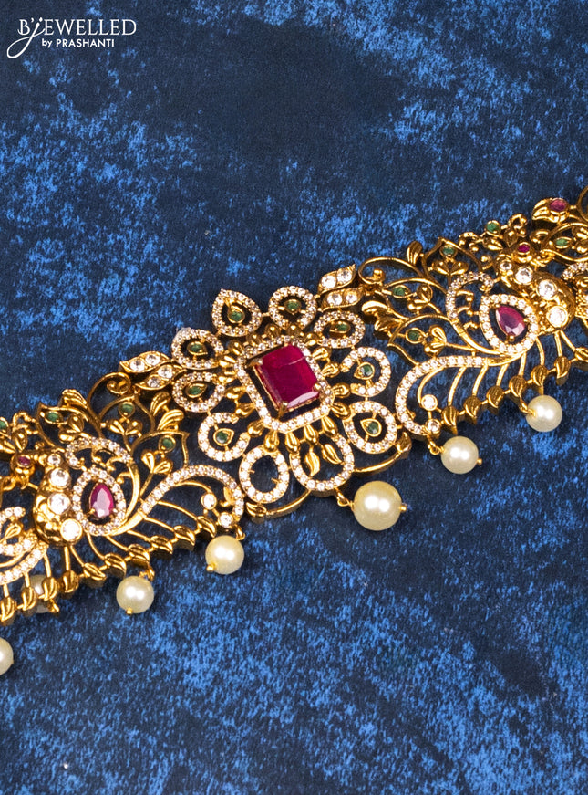 Antique hip belt floral design with kemp & cz stones and pearl hangings