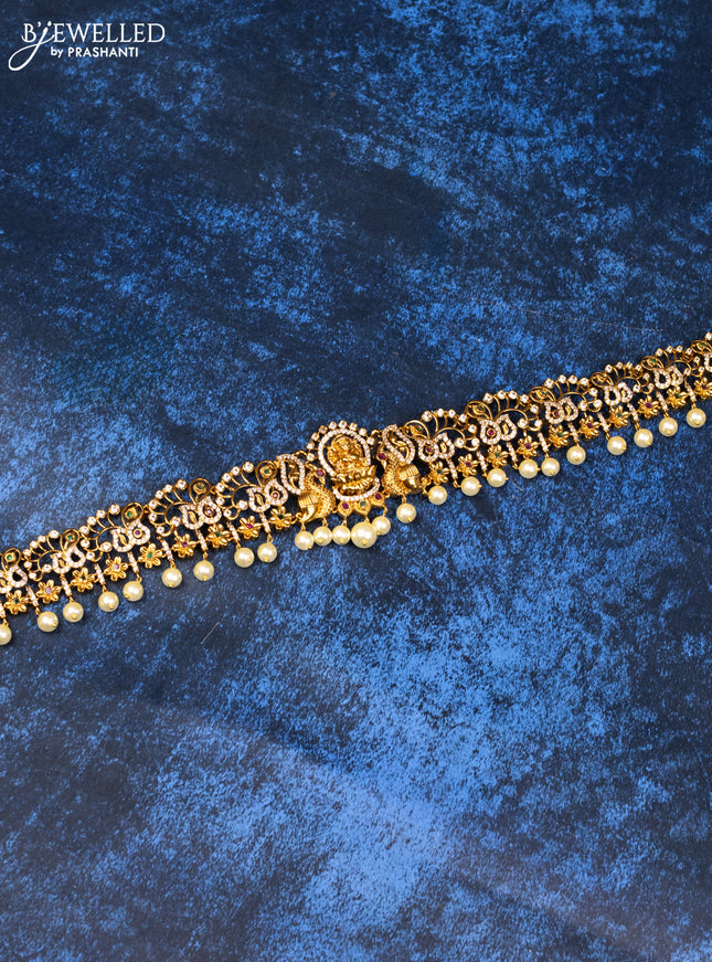 Antique hip belt lakshmi design with kemp & cz stones and pearl hangings