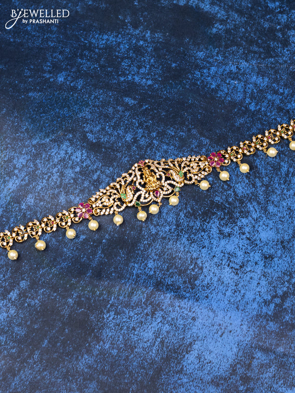 Antique hip chain lakshmi design with kemp & cz stones and pearl hangings