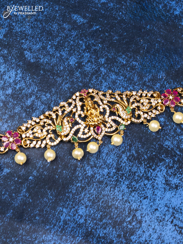 Antique hip chain lakshmi design with kemp & cz stones and pearl hangings