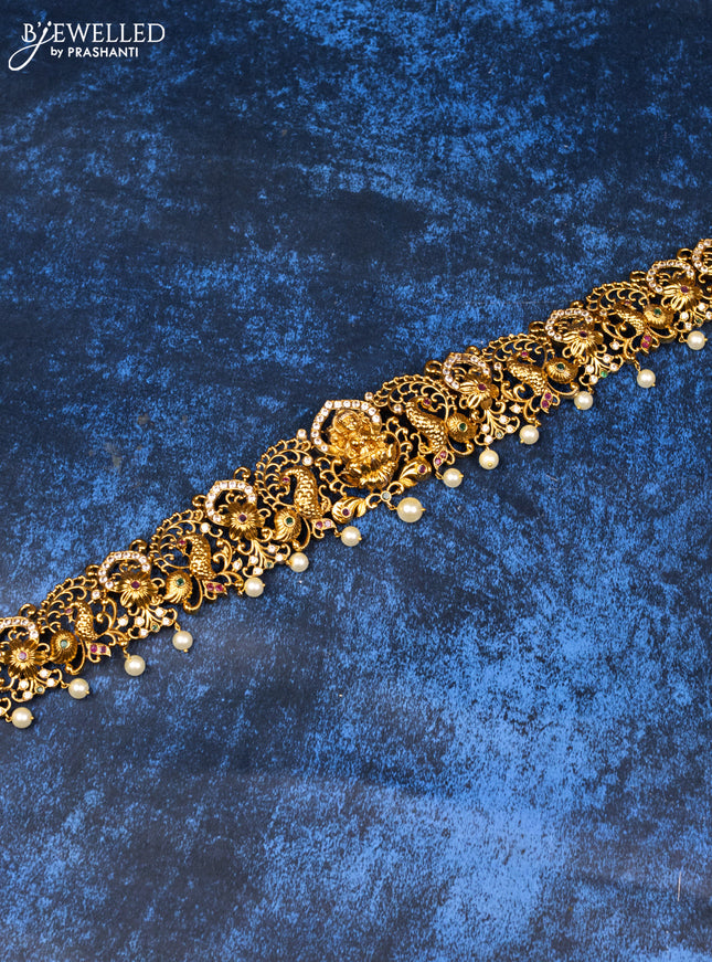 Antique hip chain lakshmi design with kemp & cz stones and pearl hangings