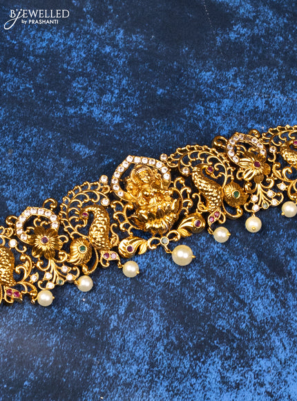 Antique hip chain lakshmi design with kemp & cz stones and pearl hangings