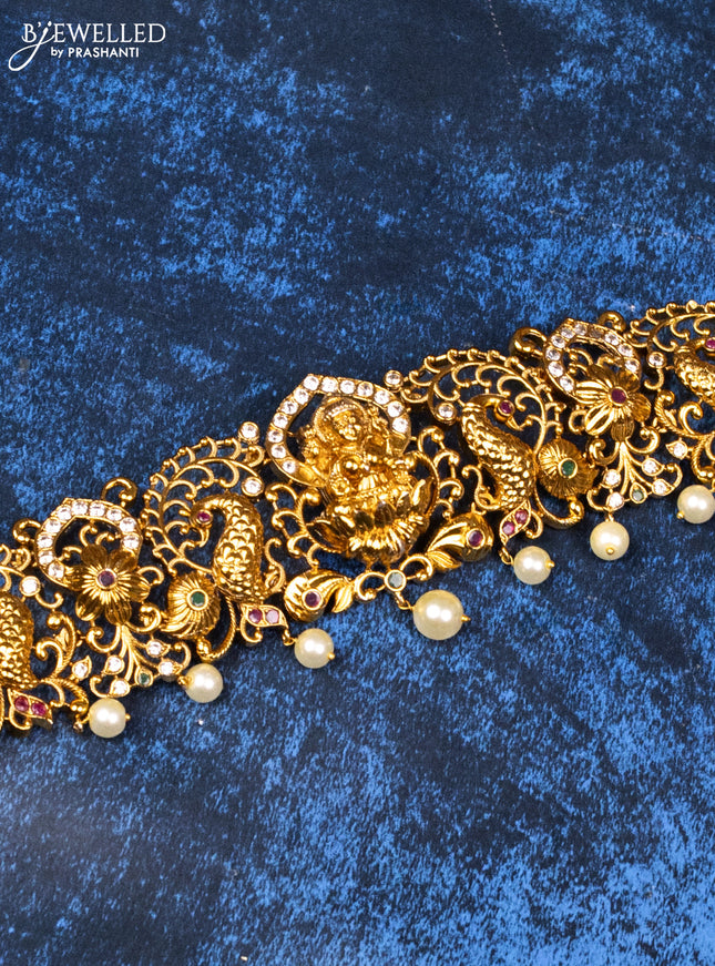 Antique hip chain lakshmi design with kemp & cz stones and pearl hangings
