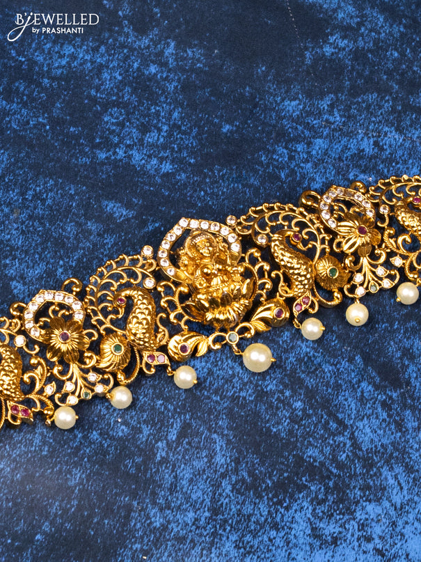 Antique hip chain lakshmi design with kemp & cz stones and pearl hangings