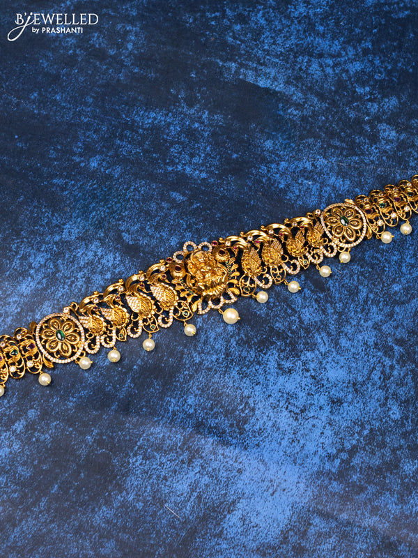 Antique hip belt lakshmi & peacock design design with kemp & cz stones and pearl hangings