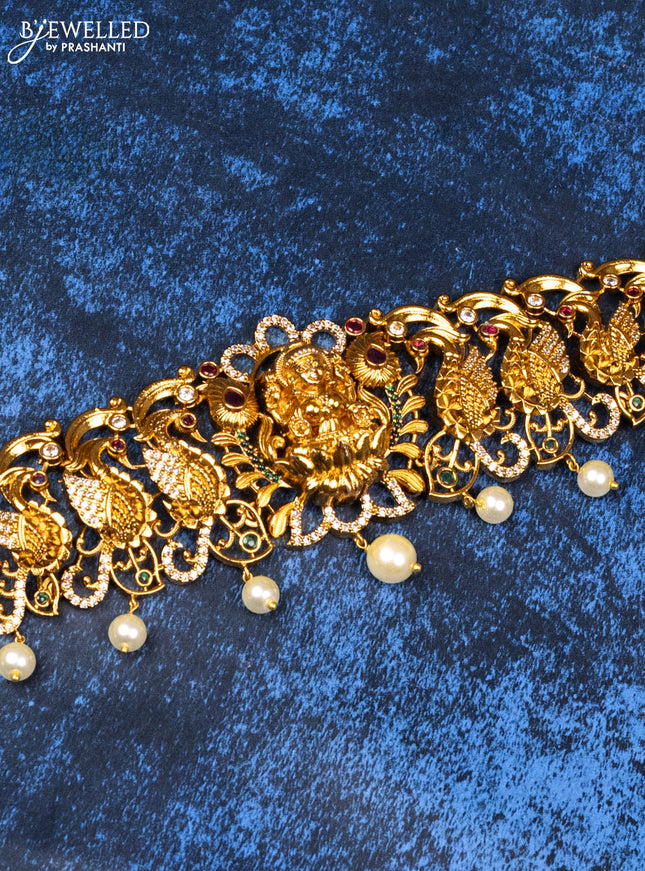 Antique hip belt lakshmi & peacock design design with kemp & cz stones and pearl hangings