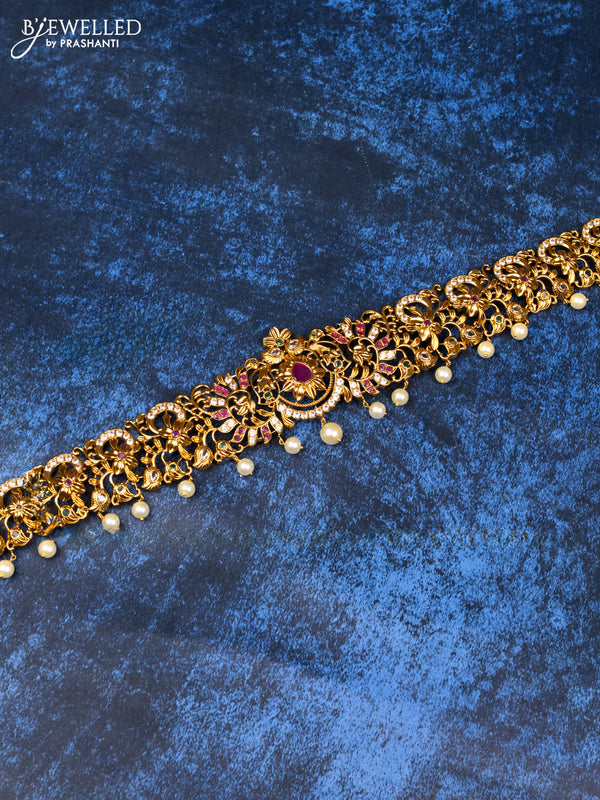 Antique hip belt floral design with kemp & cz stones and pearl hangings