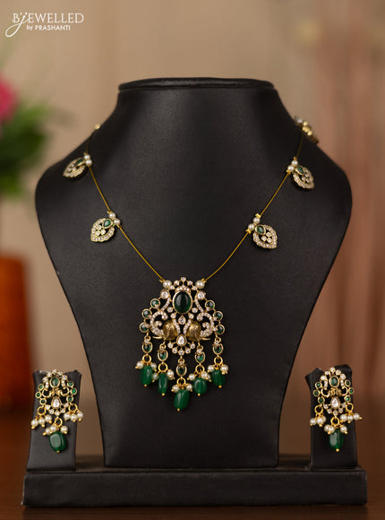 Invisible chain elephant design with emerald & kundan cz stones and beads hangings