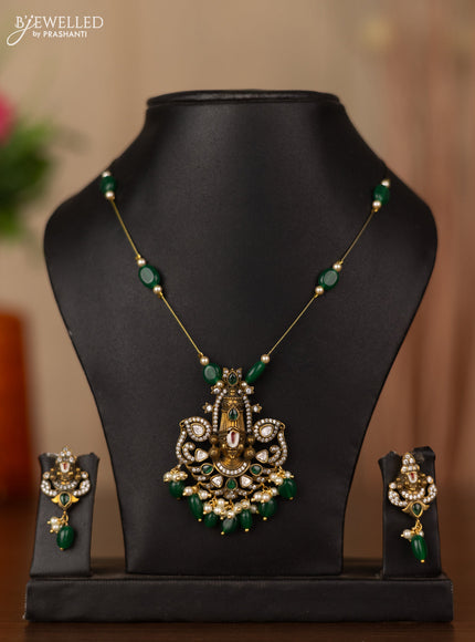 Invisible chain tirupati balaji pendant with emerald & kundan cz stones and beads hangings