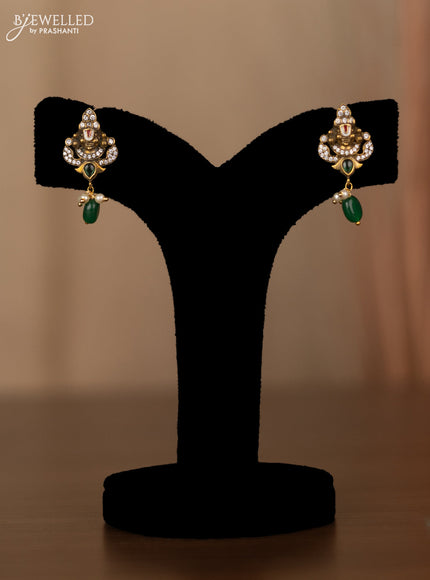 Invisible chain tirupati balaji pendant with emerald & kundan cz stones and beads hangings
