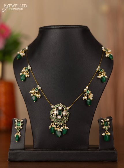 Invisible chain with emerald & kundan stones and green beads hangings